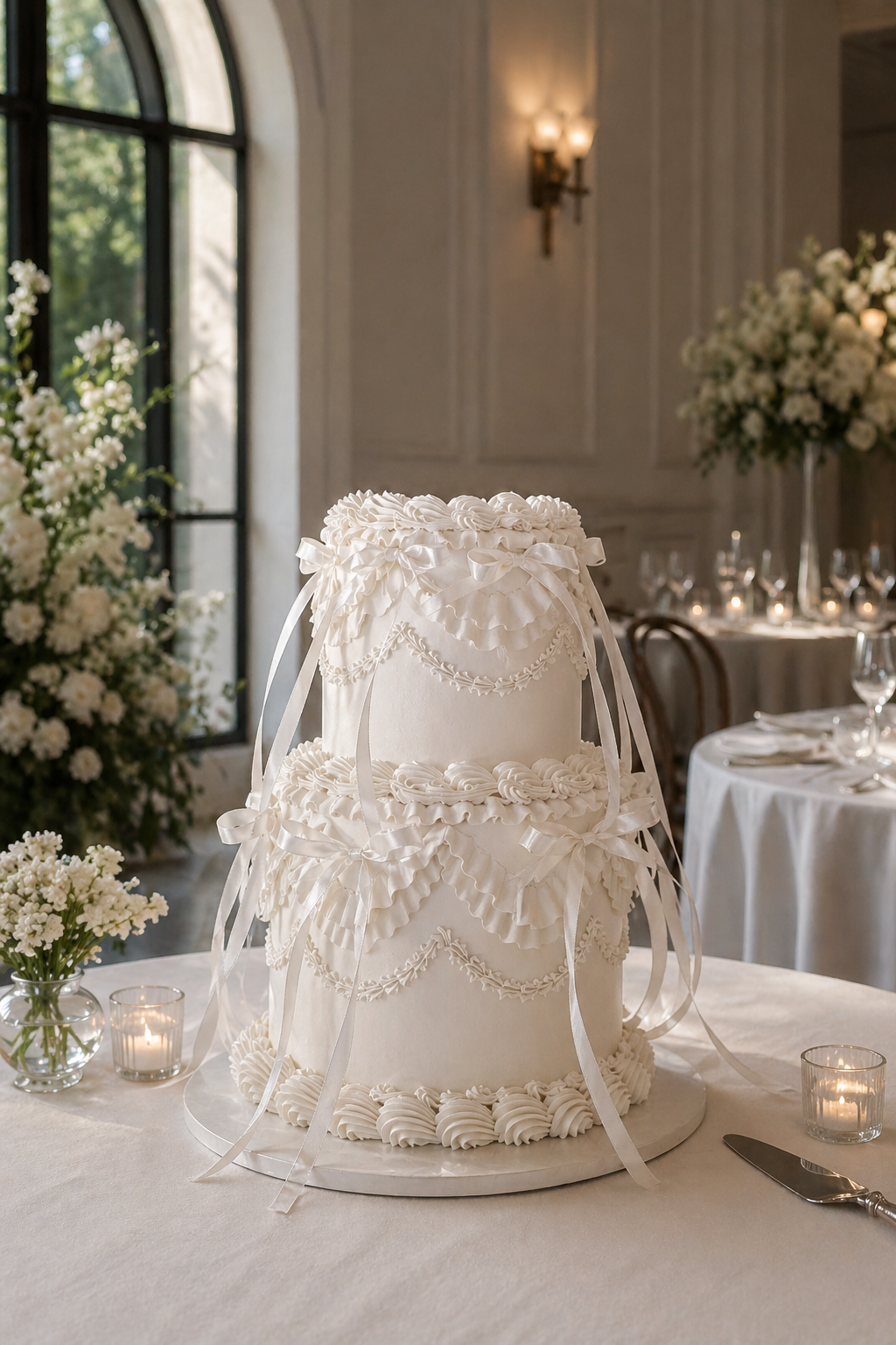 Decorative white cake on a table with floral arrangements and candles in an elegant setting.